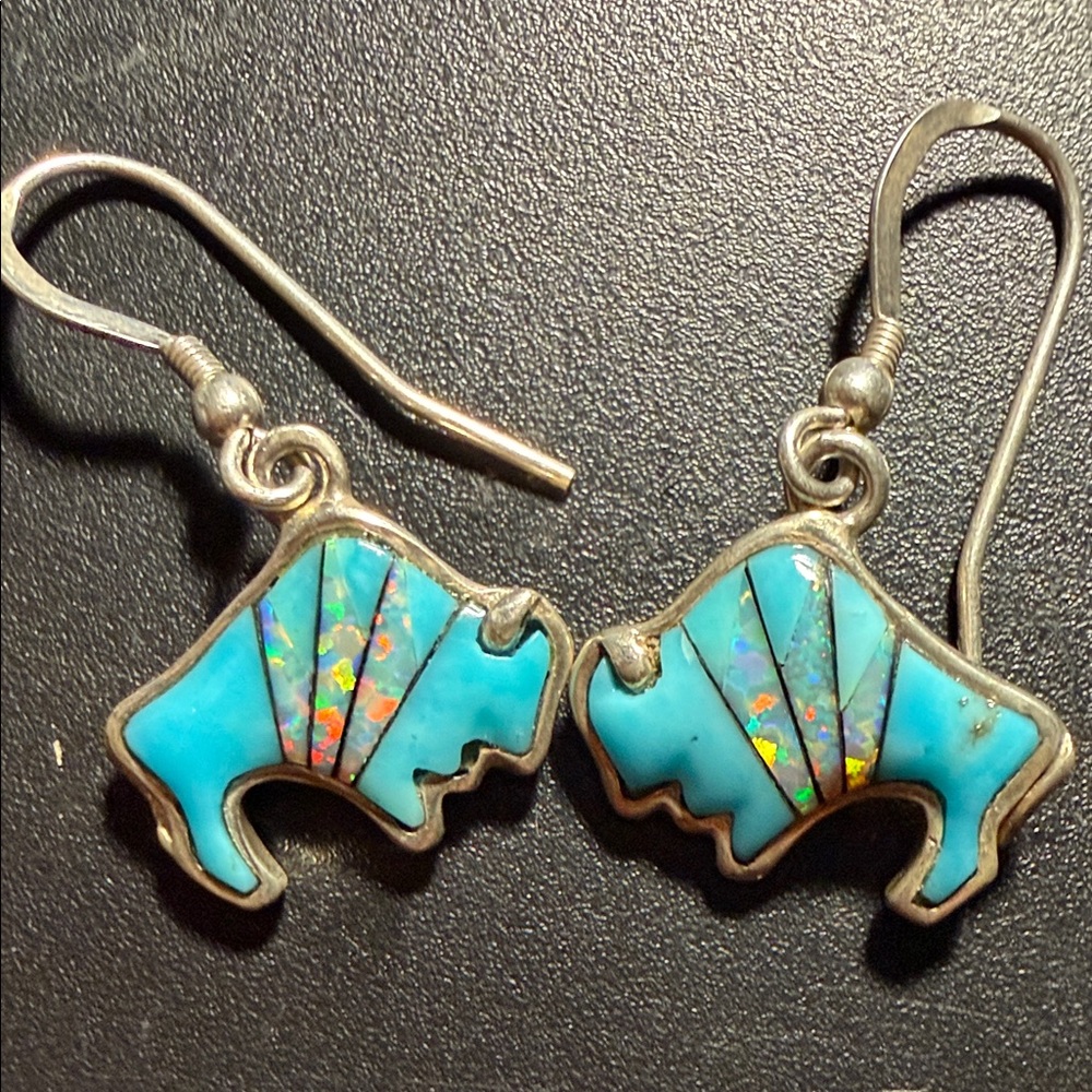 Navajo Sterling Silver Turquoise and Opal Buffalo Inlay Drop Earrings